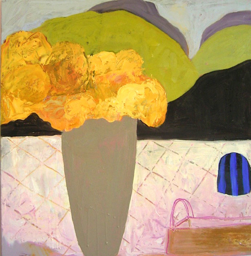 Golden Yellows in Grey Vase with Landscape