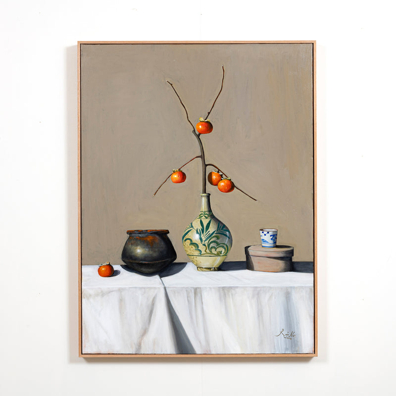 Persimmons With Antique Claypot And Antique Japanese Vase