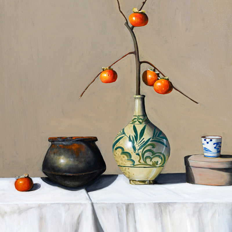 Persimmons With Antique Claypot And Antique Japanese Vase