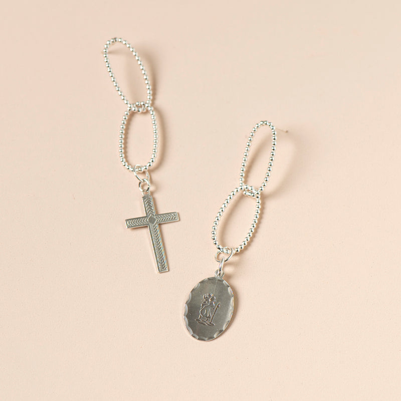 Dorothy Chain Link With Oval St Christopher & Cross Earrings