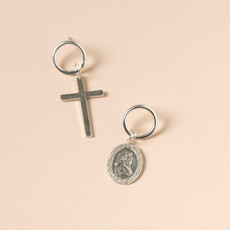 Mismatched Oval St Christopher & Cross Earrings