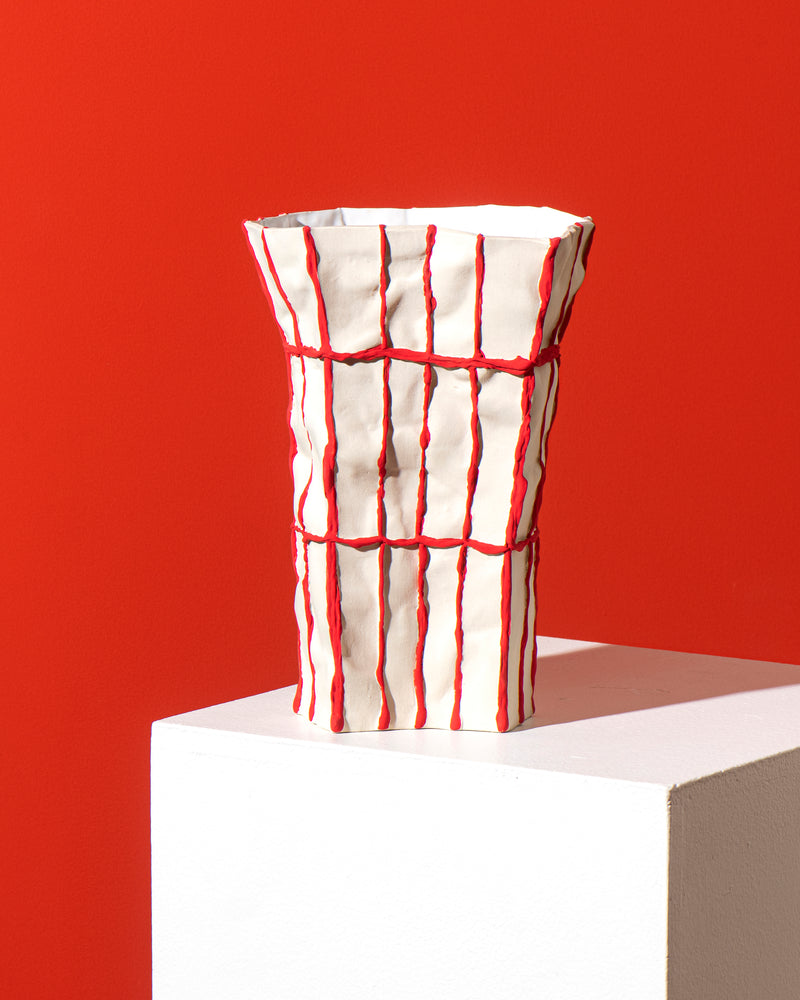 Tile Vessel Shallow (White with Red Seams)