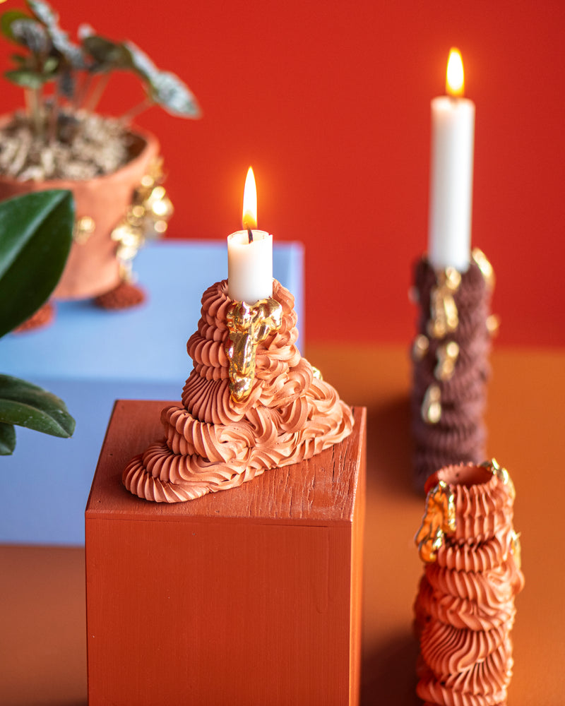 Terra.Cotta Temple Candlestick With Gold Desire Drip (Med) I