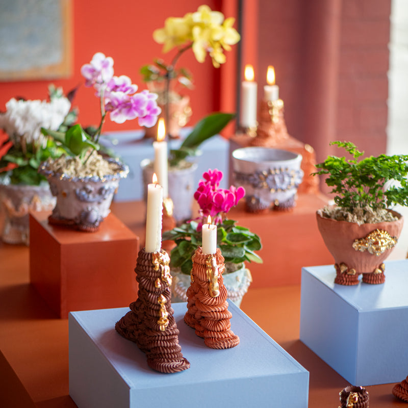 Terra.Cotta Temple Candlestick With Gold Desire Drip (Tall)