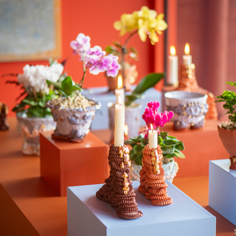 Terra.Cotta Temple Candlestick With Gold Desire Drip (Med) I