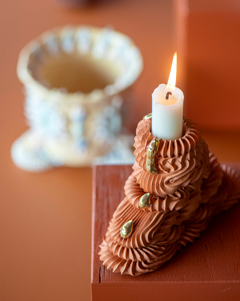 Terra.Cotta Temple Candlestick With Gold Desire Drip (Petite)
