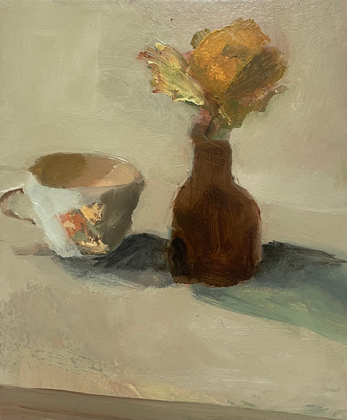 Arrangement With Cup and Brown Vase