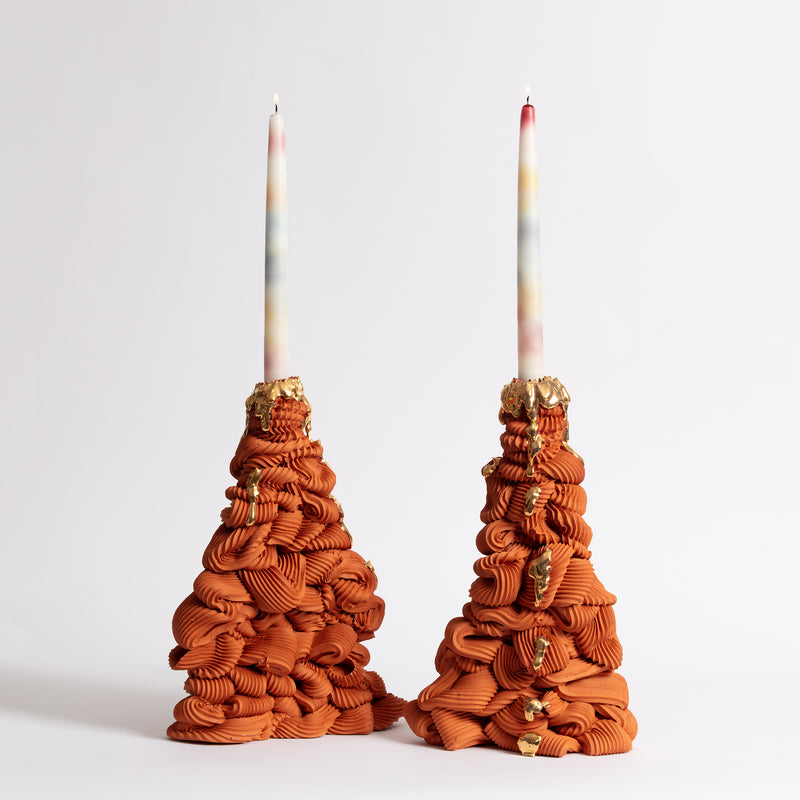 Terra.Cotta Temple Candlestick with Gold Desire Drip I