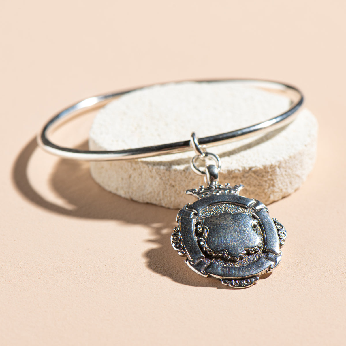 Rounded Oval Bangle with 1923 Vintage Fob Medal Shield