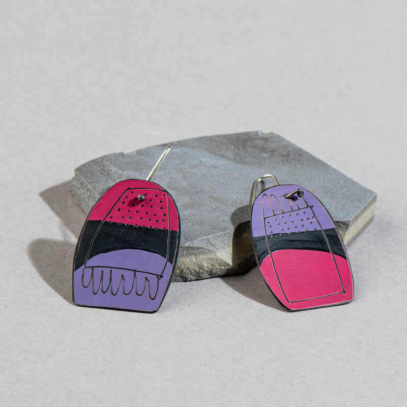 Reversible Apron Earrings (Magenta, Purple, Black + White)