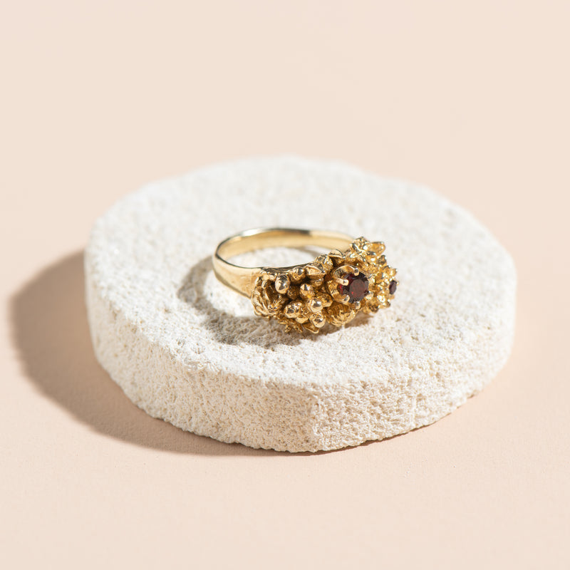 Sheoak Ring (gold with sapphire + garnet)