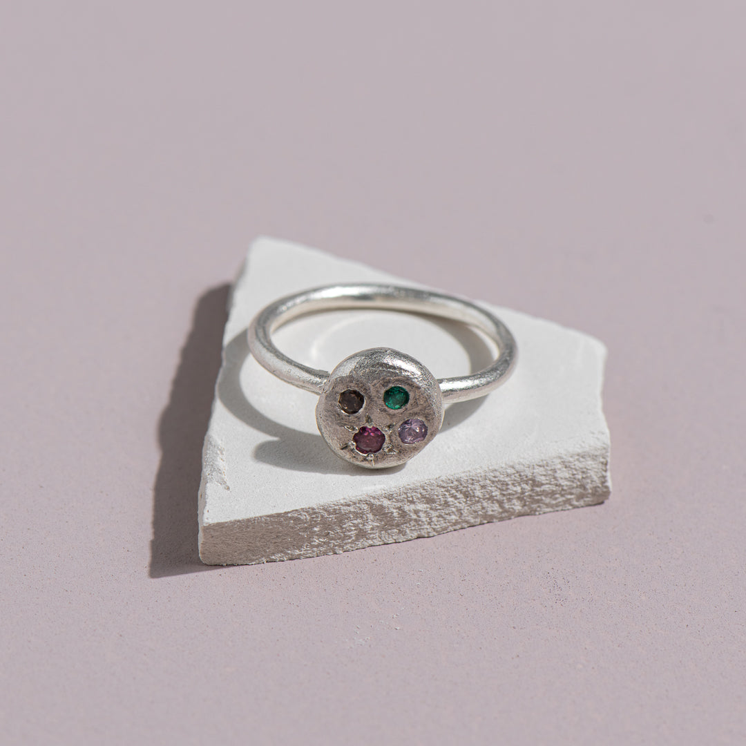 Sunrise Ring - Garnet, Pink Sapphire, smokey Quartz, and Hydrothermal Emerald
