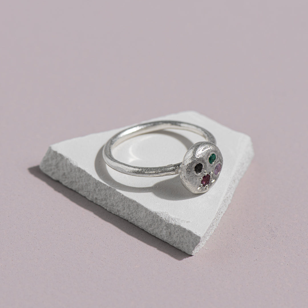 Sunrise Ring - Garnet, Pink Sapphire, smokey Quartz, and Hydrothermal Emerald