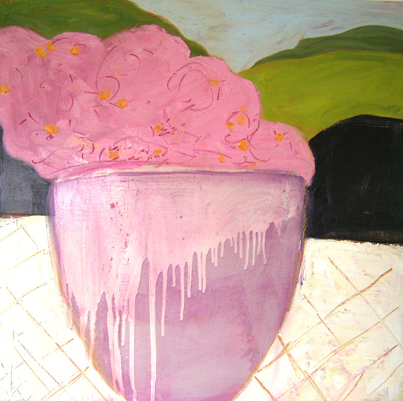 Glazed Vase with Pinks in Landscape