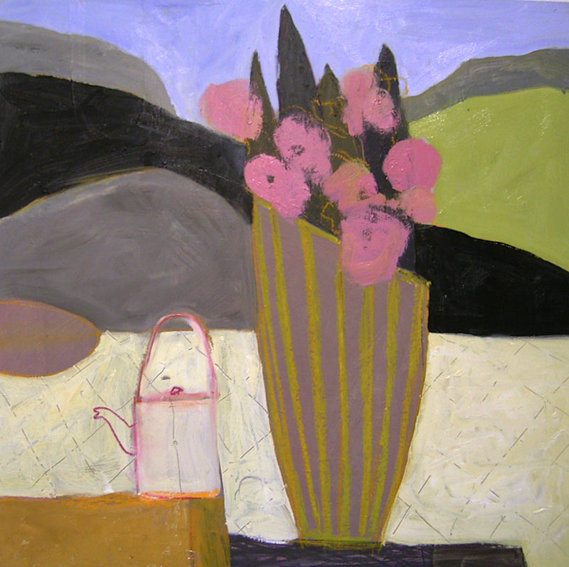 Striped Vase with Cyprus and Pinks in Landscape