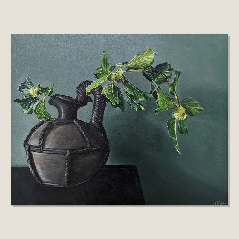 Beech Tree Cutting in Black Clay Jug