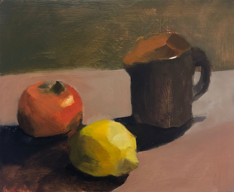 Brown Jug with Lemons and Persimmon