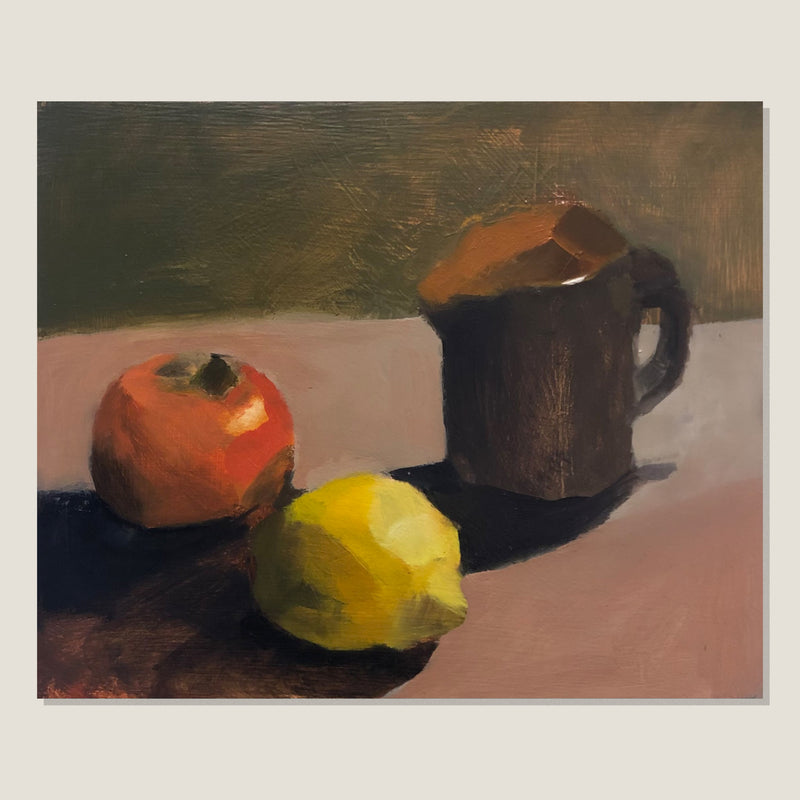 Brown Jug with Lemons and Persimmon