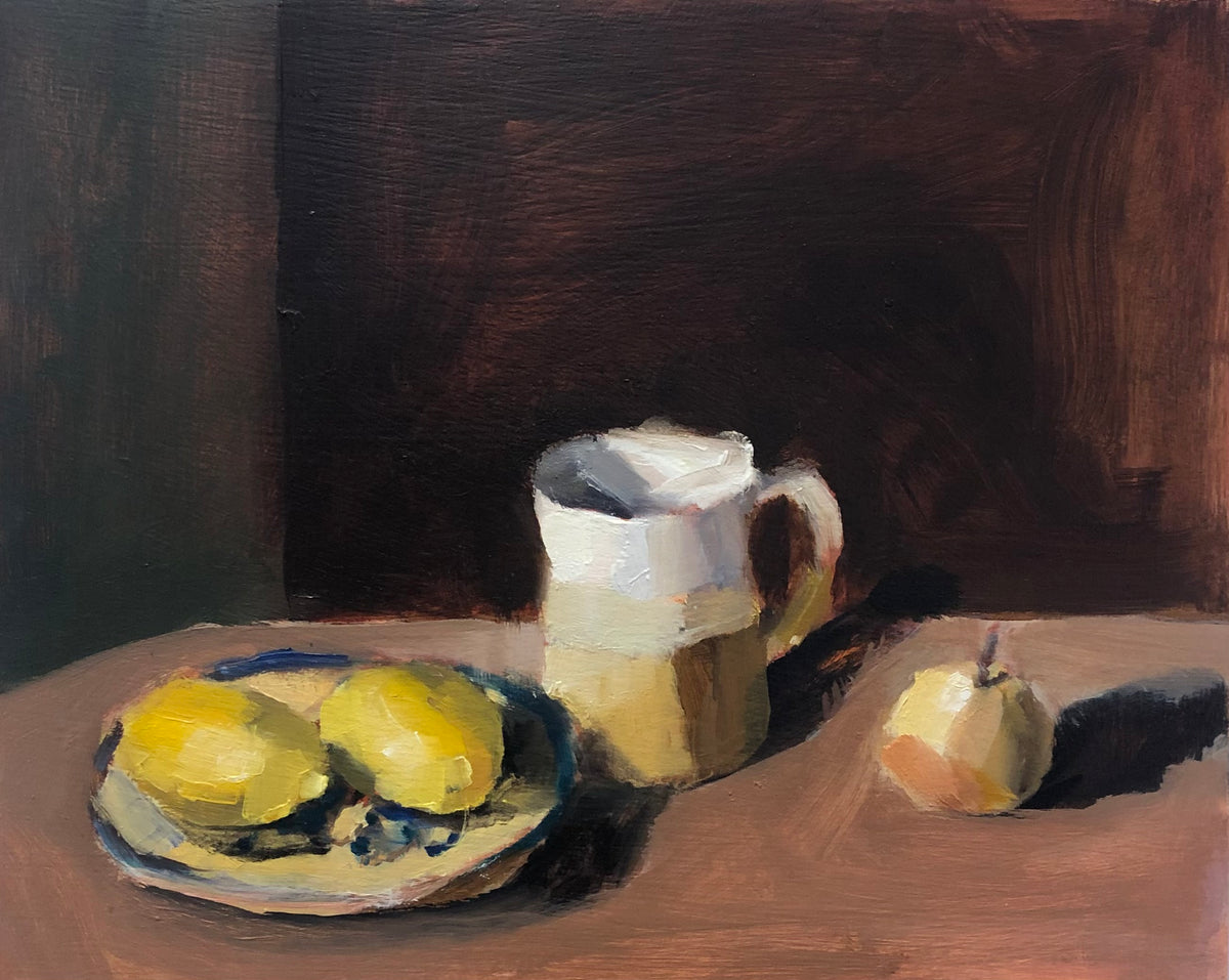 Lemons on a Plate with Earthenware Mug