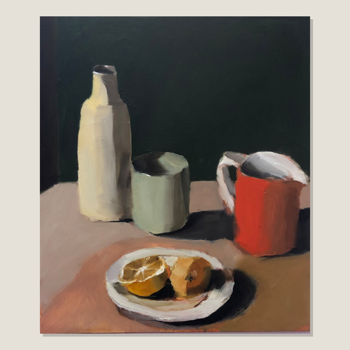 Lemons on a Plate with Red Jug