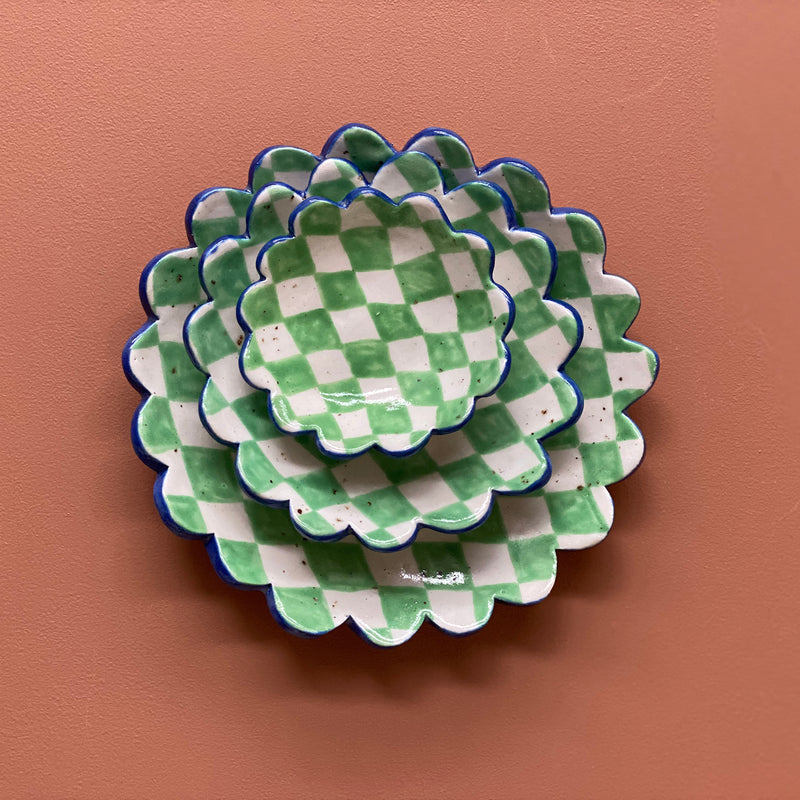 Large Checked Dish (Green Diamond)