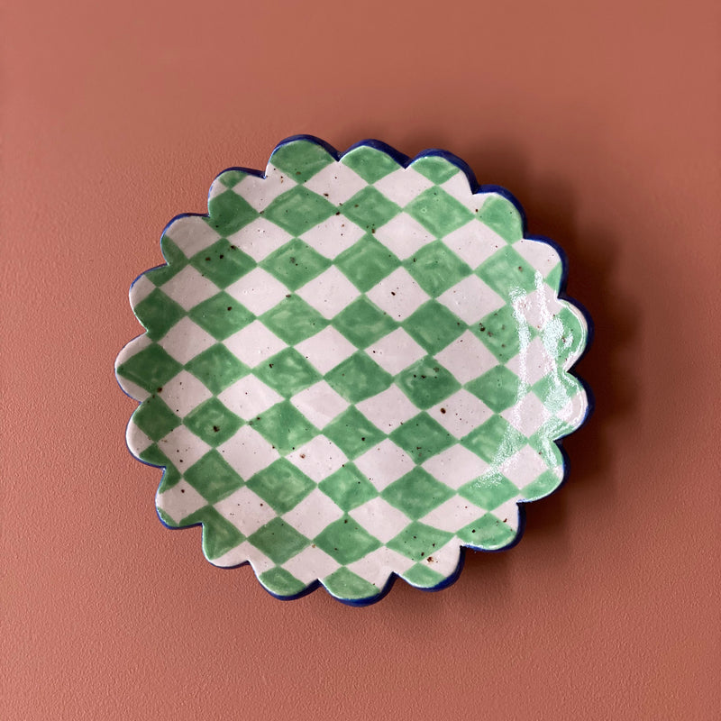 Large Checked Dish (Green Diamond)