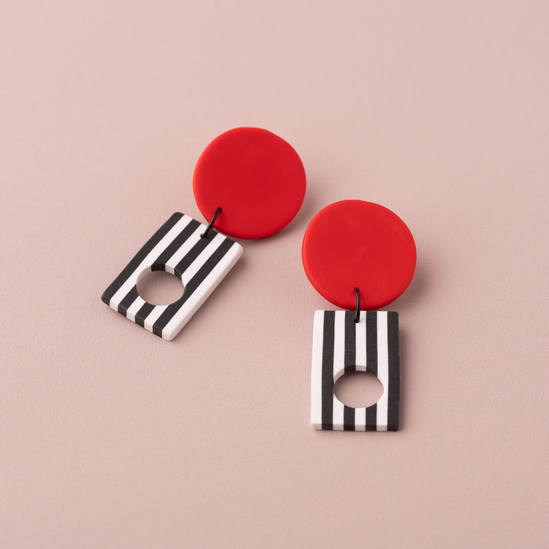 Red Disc (B&W Dangle) Earrings - Boom Gallery