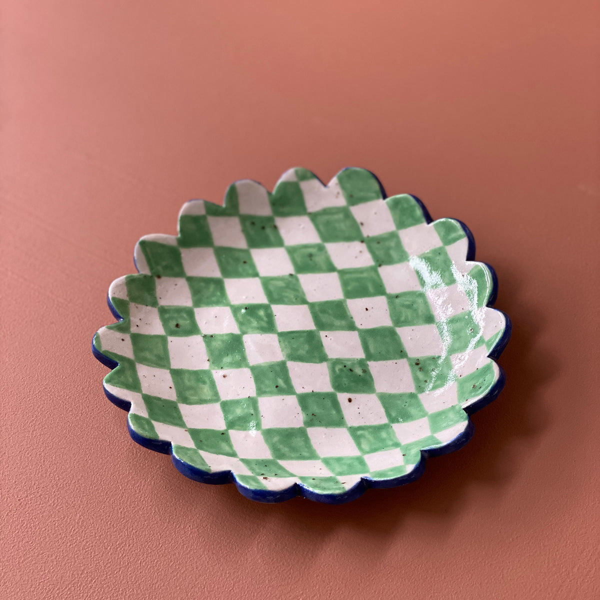 Large Checked Dish (Green Diamond)